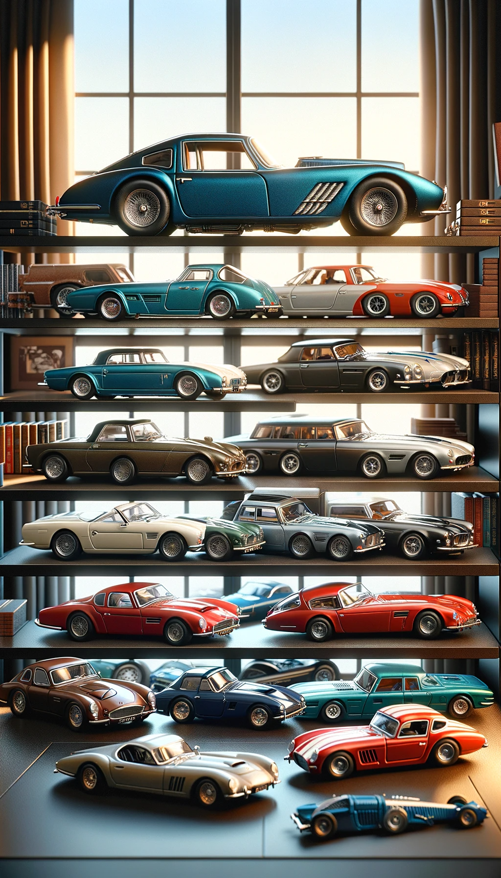 DALL·E 2023-11-23 17.06.32 - A vertical image showcasing a diverse and sophisticated diecast model car collection, suitable for a 500x1000 format. The collection features a range